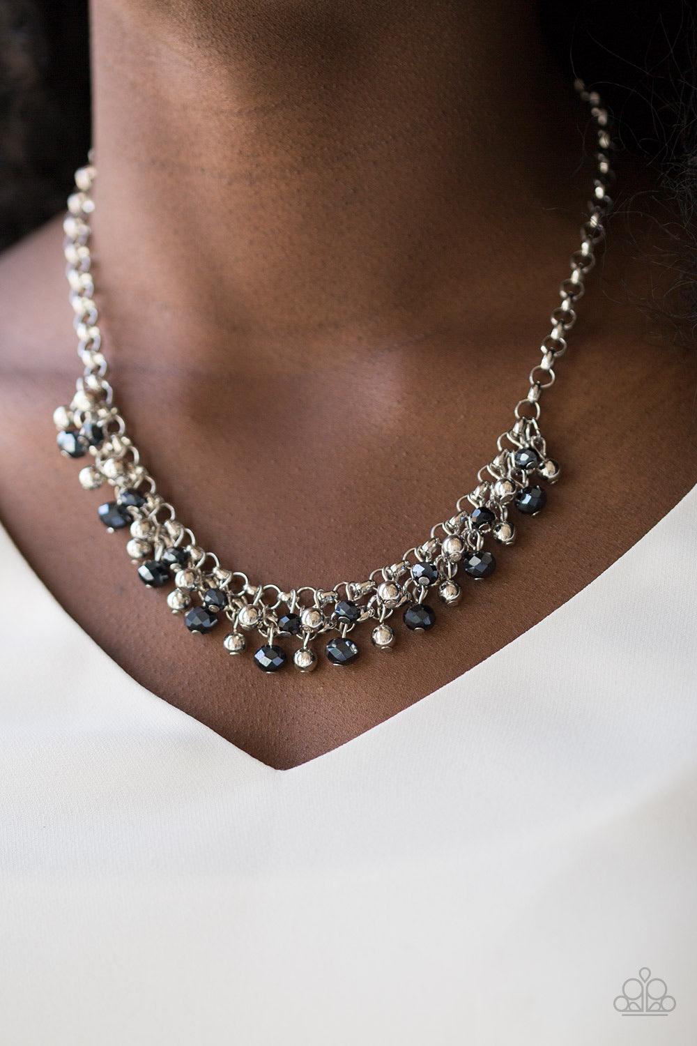Paparazzi Accessories Trust Fund Baby - Blue Dipped in a metallic shimmer, faceted blue beads and classic silver beads swing from interlocking silver chains, creating a refined fringe below the collar. Features an adjustable clasp closure. Sold as one ind