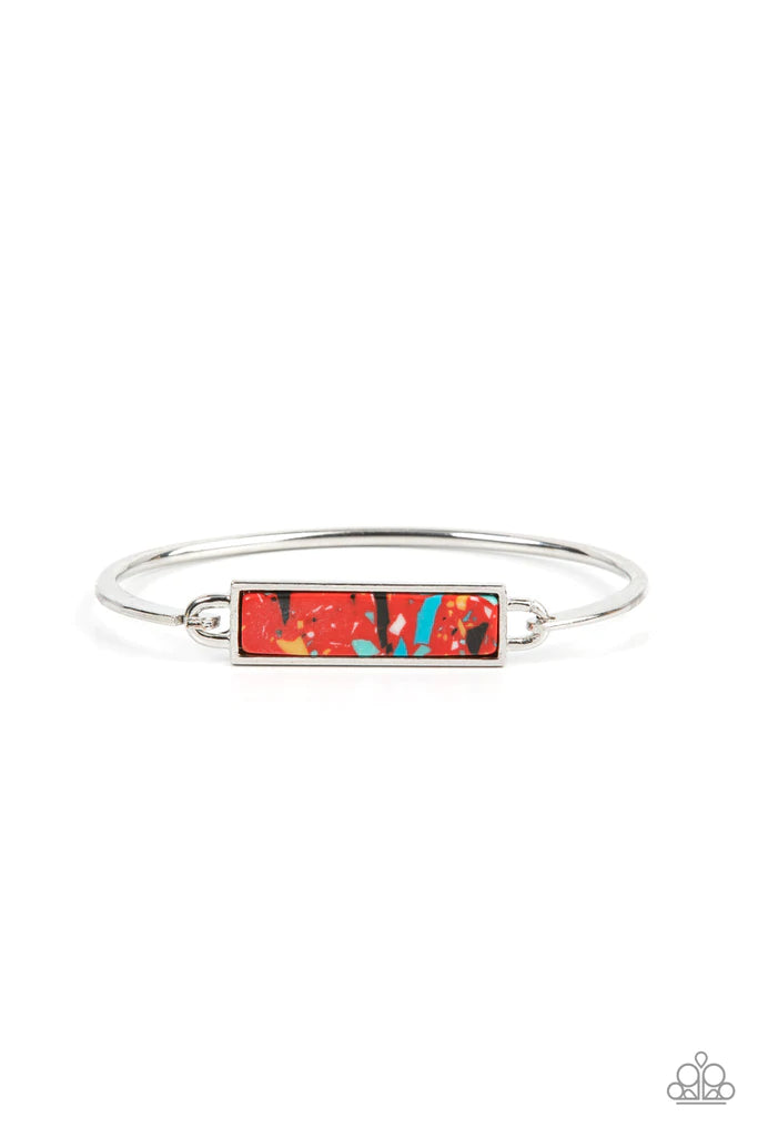 Paparazzi Accessories Terrazzo Tarot - Red Encased in a sleek silver frame, a colorful red terrazzo stone frame is fitted in place across the center of a dainty silver bangle for a modern inspired fashion. Features a hook and eye closure. Sold as one indi