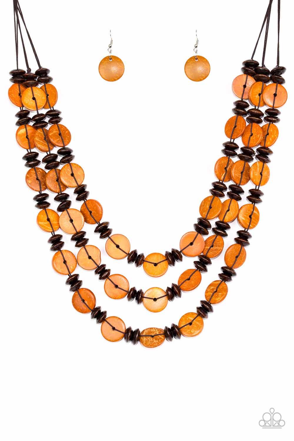 Paparazzi Accessories Key West Walkabout - Orange Brushed in a colorful finish, rows of refreshing orange wooden discs and earthy brown beads are threaded along shiny brown cording for a summery look. Features a button loop closure. Sold as one individual