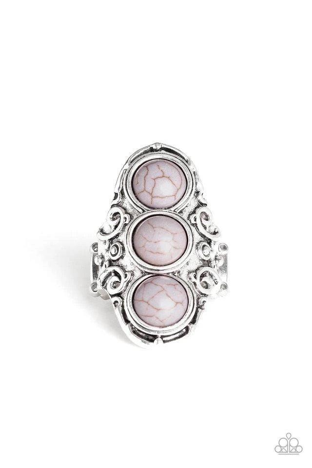 Paparazzi Accessories Sahara Soul - Silver Three neutral gray stones are pressed down the center of an ornate silver frame embossed in swirling filigree for a seasonal look. Features a stretchy band for a flexible fit. Sold as one individual ring. Jewelry