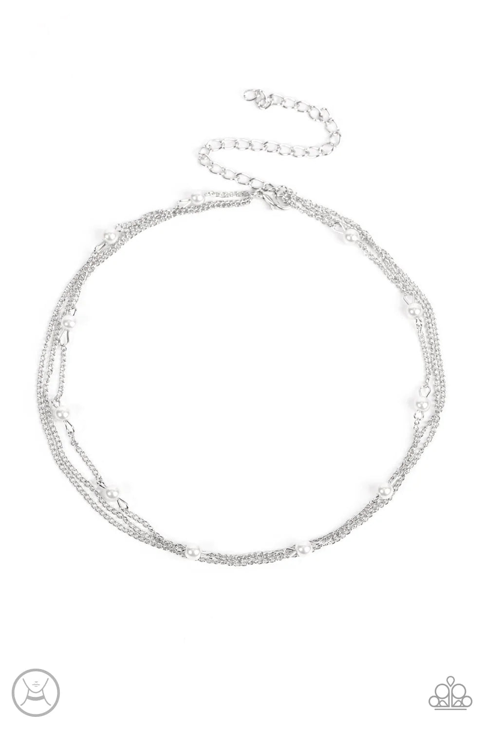 Paparazzi Accessories Daintily Dapper - White Infused with a single strand of white pearls, dainty silver chains layer around the neck for a timeless twist. Features an adjustable clasp closure. Sold as one individual choker necklace. Includes one pair of