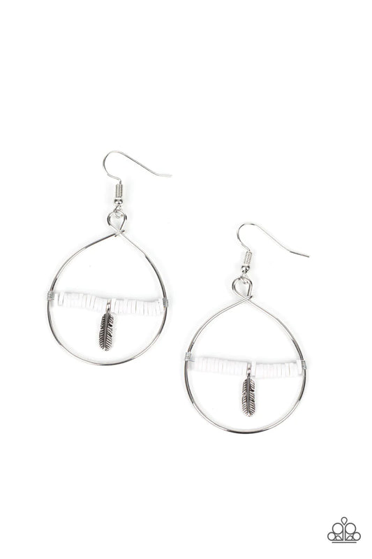 Paparazzi Accessories Free Bird Freedom White: Infused with a dainty silver feather charm, a dainty row of rubbery white discs are threaded along a metallic rod inside an airy silver hoop for a free-spirited fashion. Earring attaches to a standard fishhoo