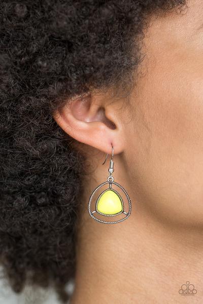Paparazzi Accessories Make A Point - Yellow Varying in size, pyramidal yellow beads are encased in airy silver frames and linked below the collar for a trendsetting look. Features an adjustable clasp closure. Jewelry