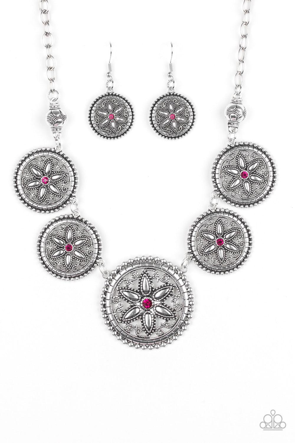 Paparazzi Accessories Written In The STAR LILLIES - Pink Dotted with glittery pink rhinestone centers, floral silver frames gradually increase in size as they link below the collar for a whimsical look. Features an adjustable clasp closure. Jewelry