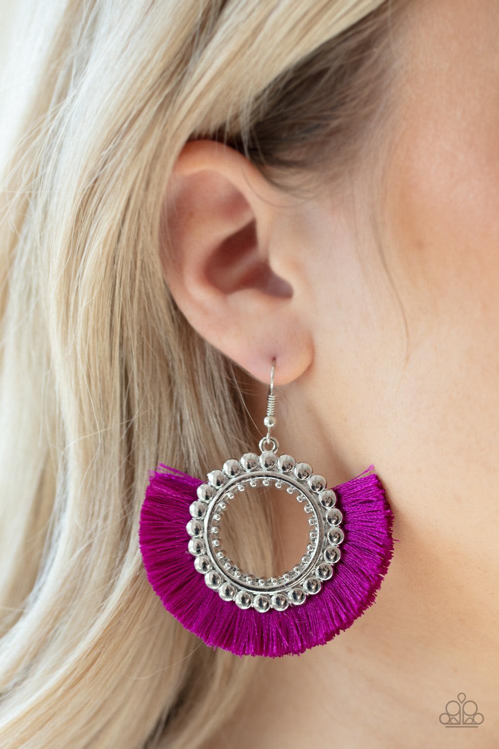 Paparazzi Accessories Fringe Fanatic - Purple Neon purple thread flares out from the bottom of a bubbly silver hoop, creating a vivacious fringe. Earring attaches to a standard fishhook fitting. Jewelry