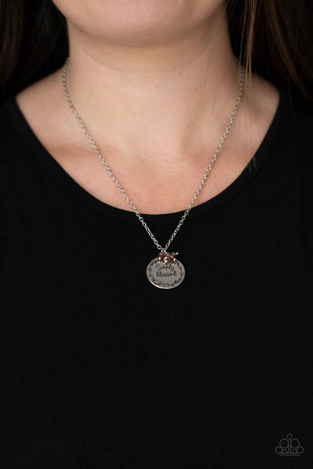 Paparazzi Accessories Simple Blessings - Purple Bordered in a leafy pattern, a shiny silver disc is stamped with the phrase, "Simply Blessed," joins a dainty cluster of iridescent purple crystal-like beads at the bottom of a chain, creating an inspiration
