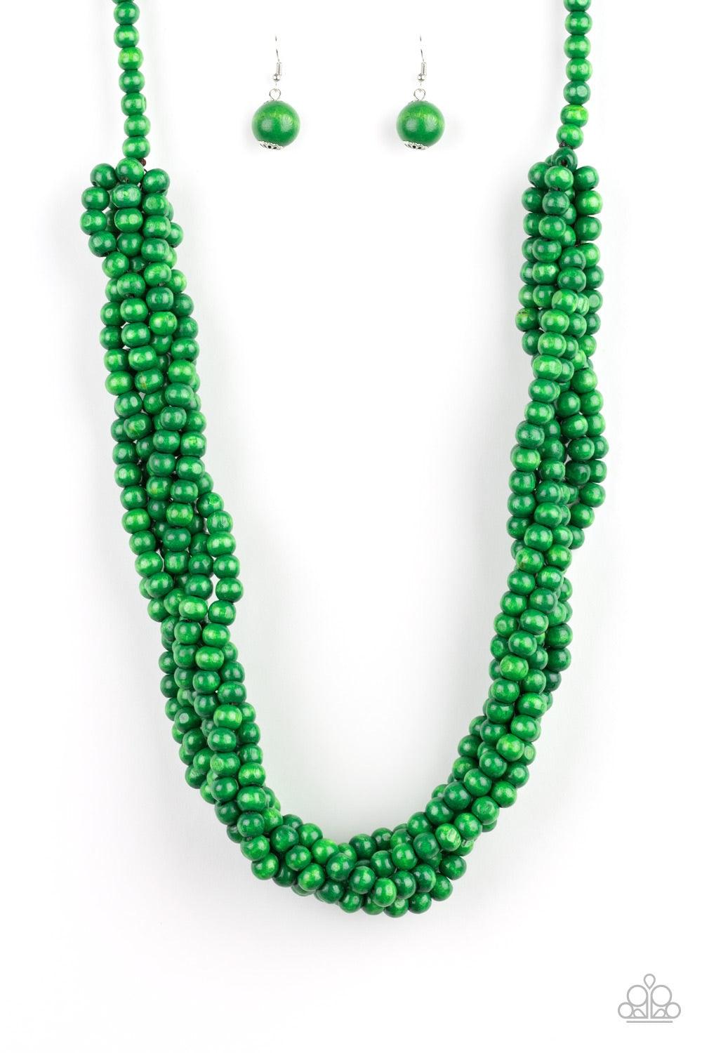 Paparazzi Accessories Tahiti Tropic - Green Brushed in a refreshing green finish, strands of vivacious wooden beads subtly twist across the chest for a summery look. Jewelry
