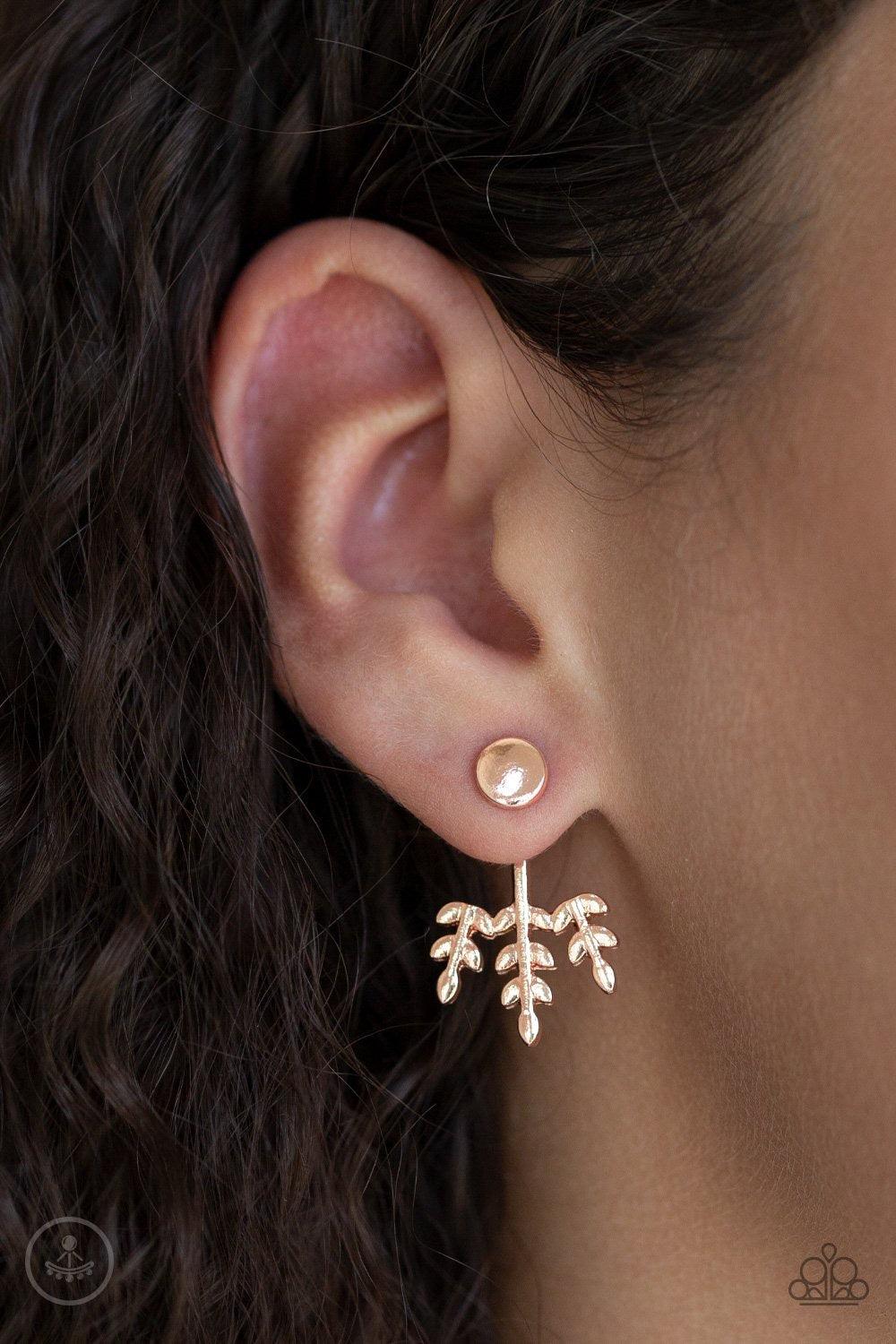 Paparazzi Accessories Autumn Shimmer - Rose Gold A flat rose gold stud attaches to a double-sided post, designed to fasten behind the ear. Brushed in a high-sheen shimmer, the leafy double-sided post peeks out beneath the ear for a seasonal look. Earring
