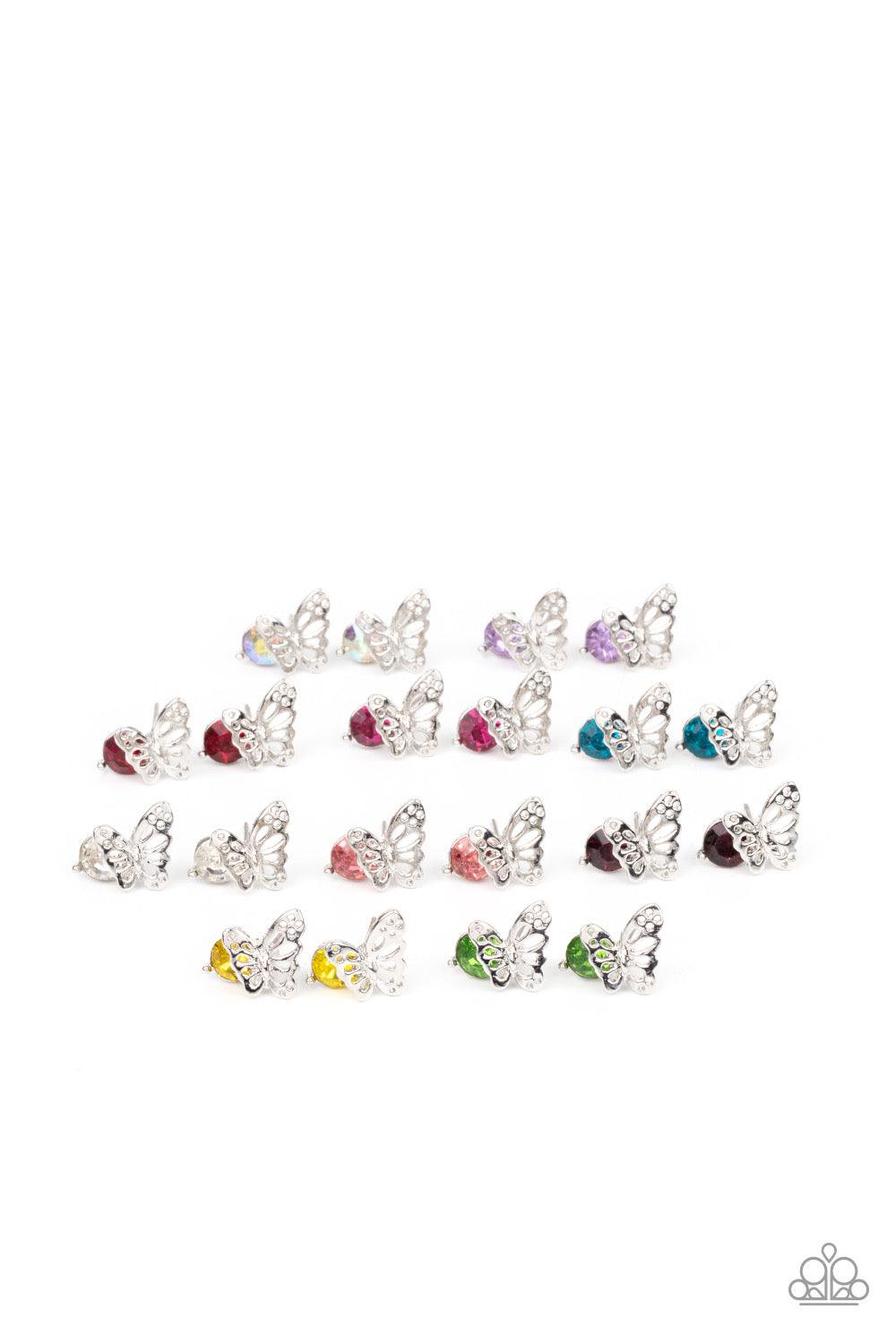 Paparazzi Accessories Starlet Shimmer Earrings #21 - Yellow Airy silver butterfly frames featuring glittery rhinestones vary in shades of green, yellow purple, pink, white, blue, red, purple, and multicolored. Earrings attach to standard post fittings. Je