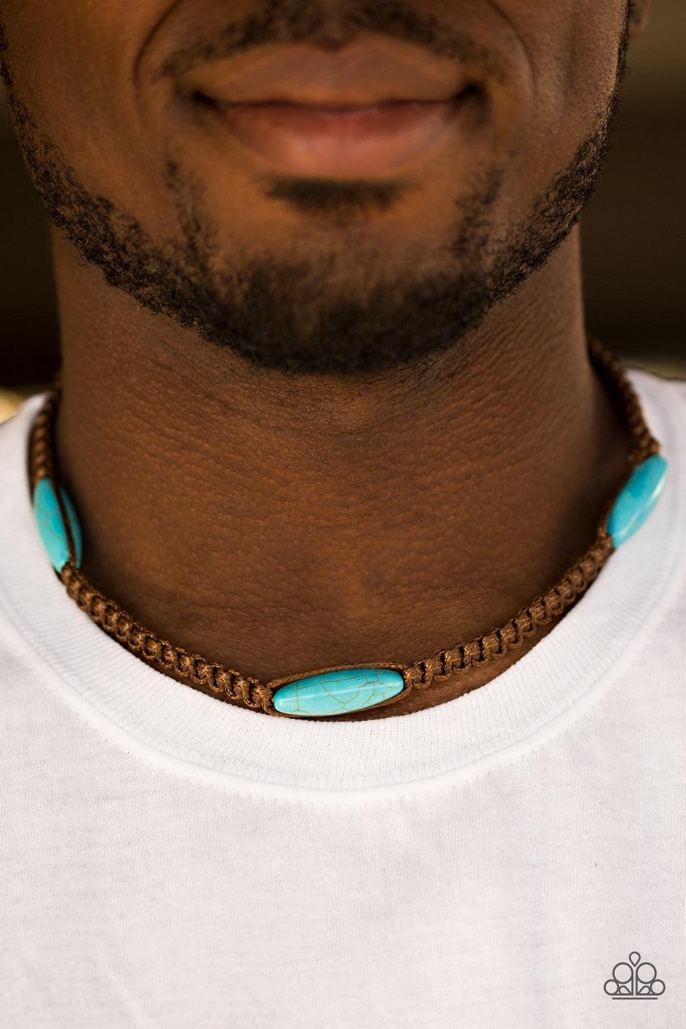 Paparazzi Accessories Mountain Adventure - Blue Braided brown twine knots around refreshing turquoise stone accents, creating an earthy palette below the collar. Features a button loop closure. Jewelry