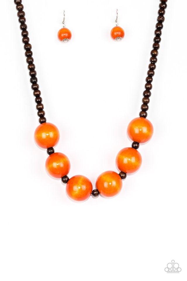 Paparazzi Accessories Oh My Miami - Orange Brown wooden beads are threaded along shiny brown cording. Brushed in a vivacious finish, dramatic orange wooden beads alternate below the collar for a bold summer look. Features a button loop closure. Necklaces