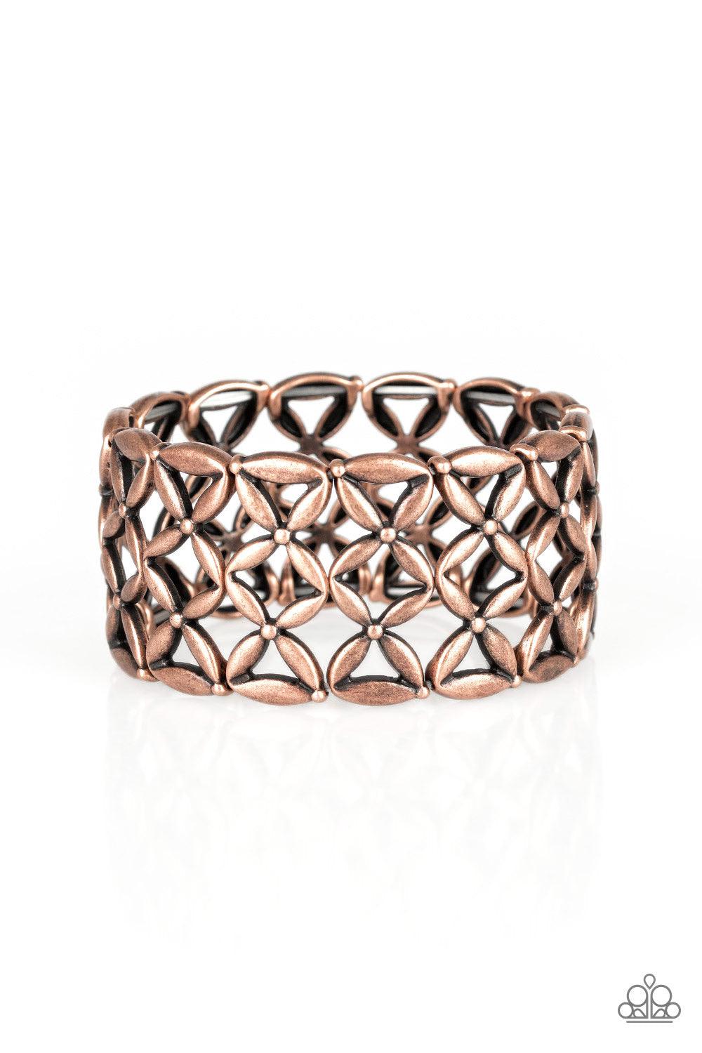 Paparazzi Accessories The Big BLOOM - Copper Shimmery copper floral frames are threaded along a stretchy band, stacking into a bold seasonal look. Sold as one individual bracelet. Jewelry