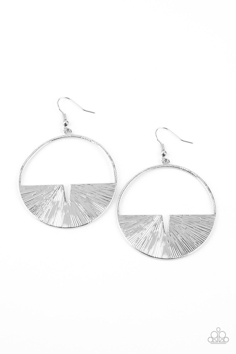 Paparazzi Accessories Reimagined Refinement - Silver Embossed in radiant linear textures, a crescent silver frame is nestled along the bottom of a textured silver hoop for an edgy look. Earring attaches to a standard fishhook fitting. Sold as one pair of