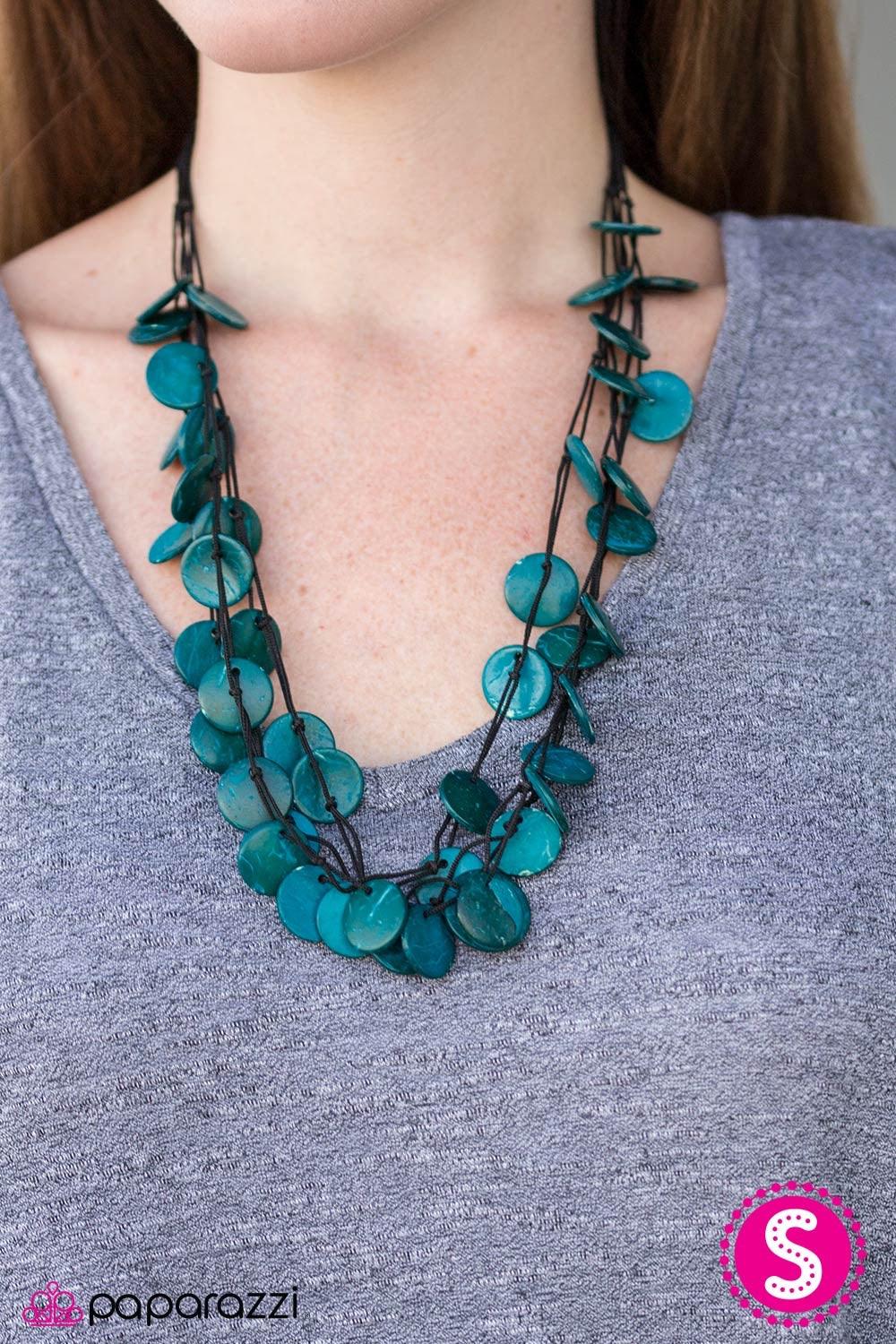 Paparazzi Accessories Caribbean Catch - Blue Tinted in a bright blue finish, shiny wooden discs trickle along shiny black cording, creating three colorful layers below the collar. Features a button-loop closure. Jewelry