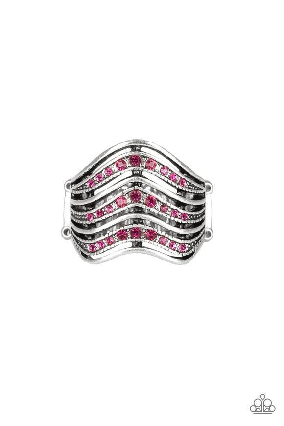 Paparazzi Accessories Fashion Finance - Pink Dotted in glittery pink rhinestones, studded silver bars and smooth silver bars wave across the finger into edgy stacks. Features a stretchy band for a flexible fit. Jewelry