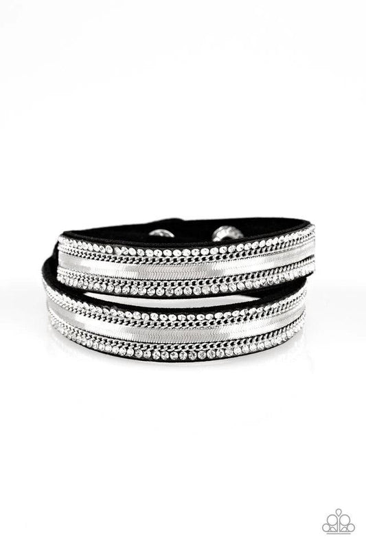 Paparazzi Accessories Rocker Rivalry - Black Rows of classic silver chain, flat silver chain, and dainty white rhinestones are encrusted along a black suede band for a sassy look. The elongated band allows for a trendy double wrap design. Features an adju