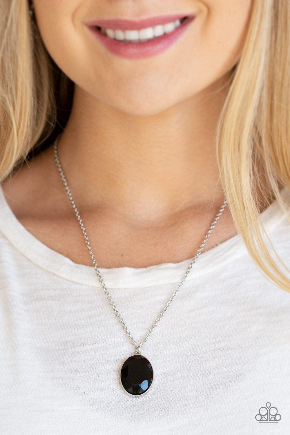 Paparazzi Accessories Definitely Duchess - Black Pressed into a sleek silver frame, a faceted smoky black gem swings below the collar for a glamorous look. Features an adjustable clasp closure. Sold as one individual necklace. Includes one pair of matchin