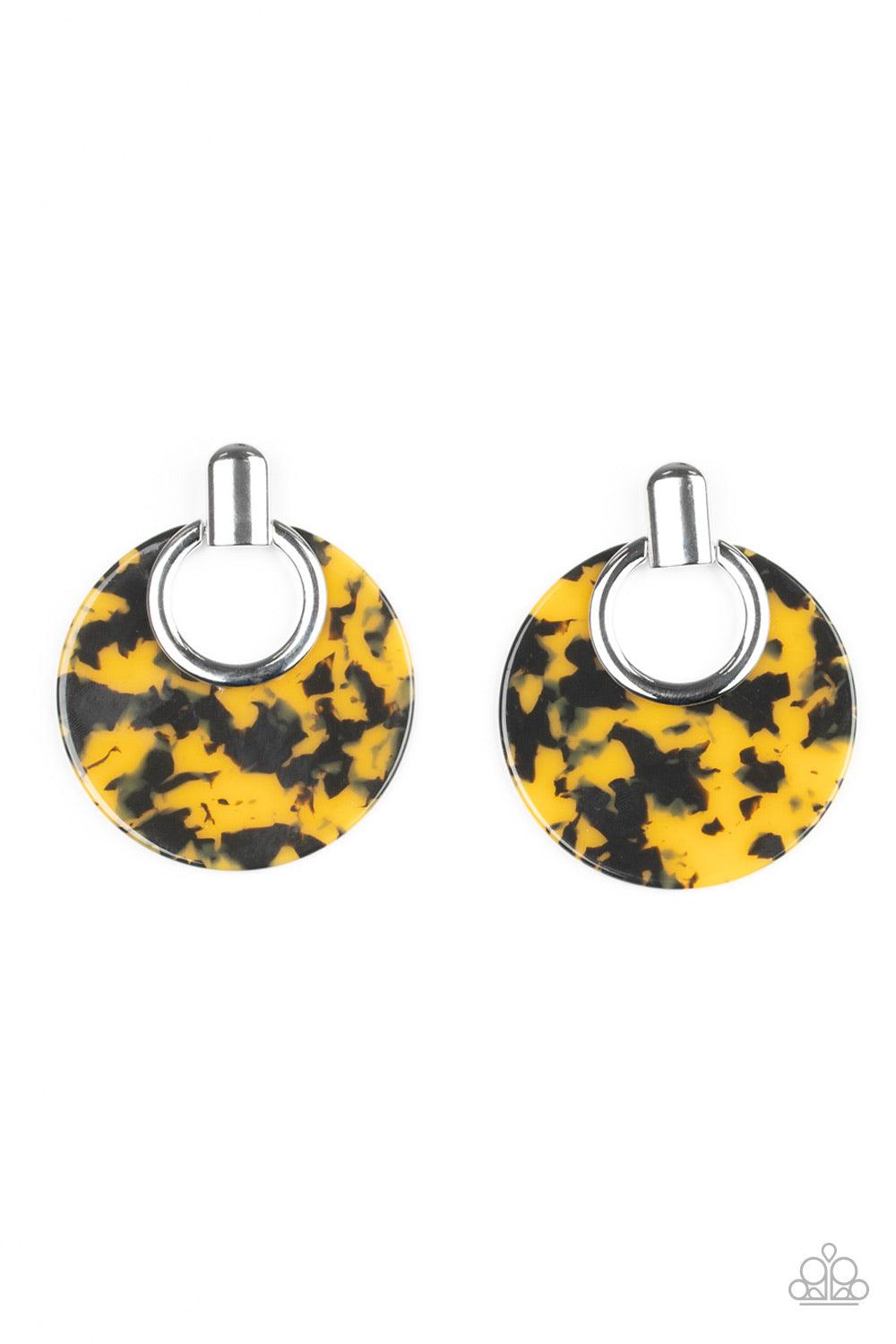Paparazzi Accessories Metro Zoo - Yellow A speckled acrylic frame attaches to a sleek silver fitting, creating a retro look. Earring attaches to a standard post fitting. Color may vary. Jewelry