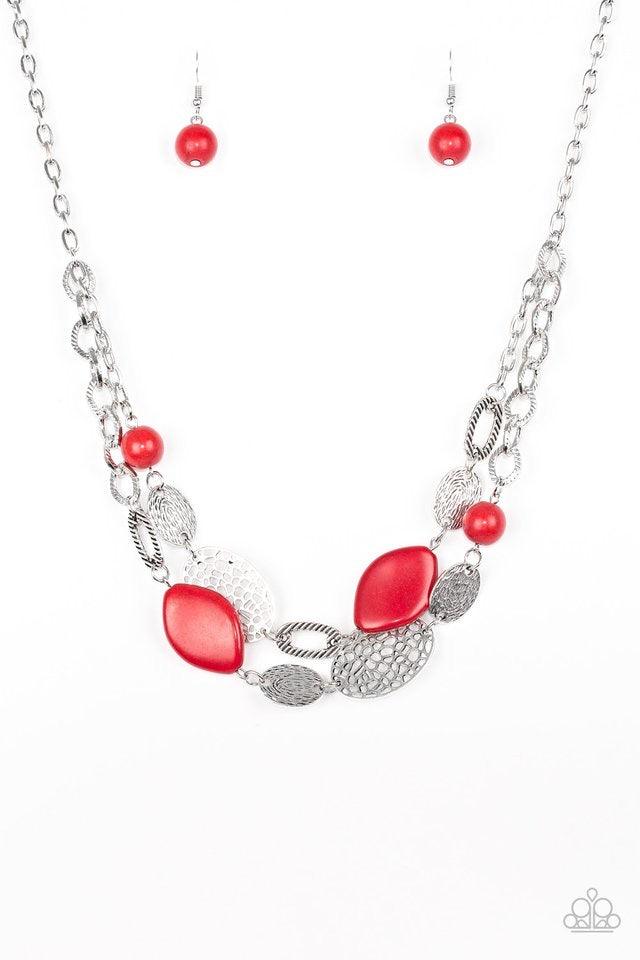 Paparazzi Accessories Second Nature - Red Etched in shimmery textures, a chunky silver chain gives way to a collection of fiery red stones and hammered silver accents. Each featuring patterns derived from nature, the glistening discs join into a layered a