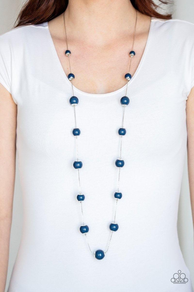 Paparazzi Accessories 5th Avenue Frenzy - Blue Nestled between sleek silver fittings, timeless Evening Blue beads gradually increase in size as they trickle along a dainty silver chain across the chest for a colorfully classic look. Features an adjustable