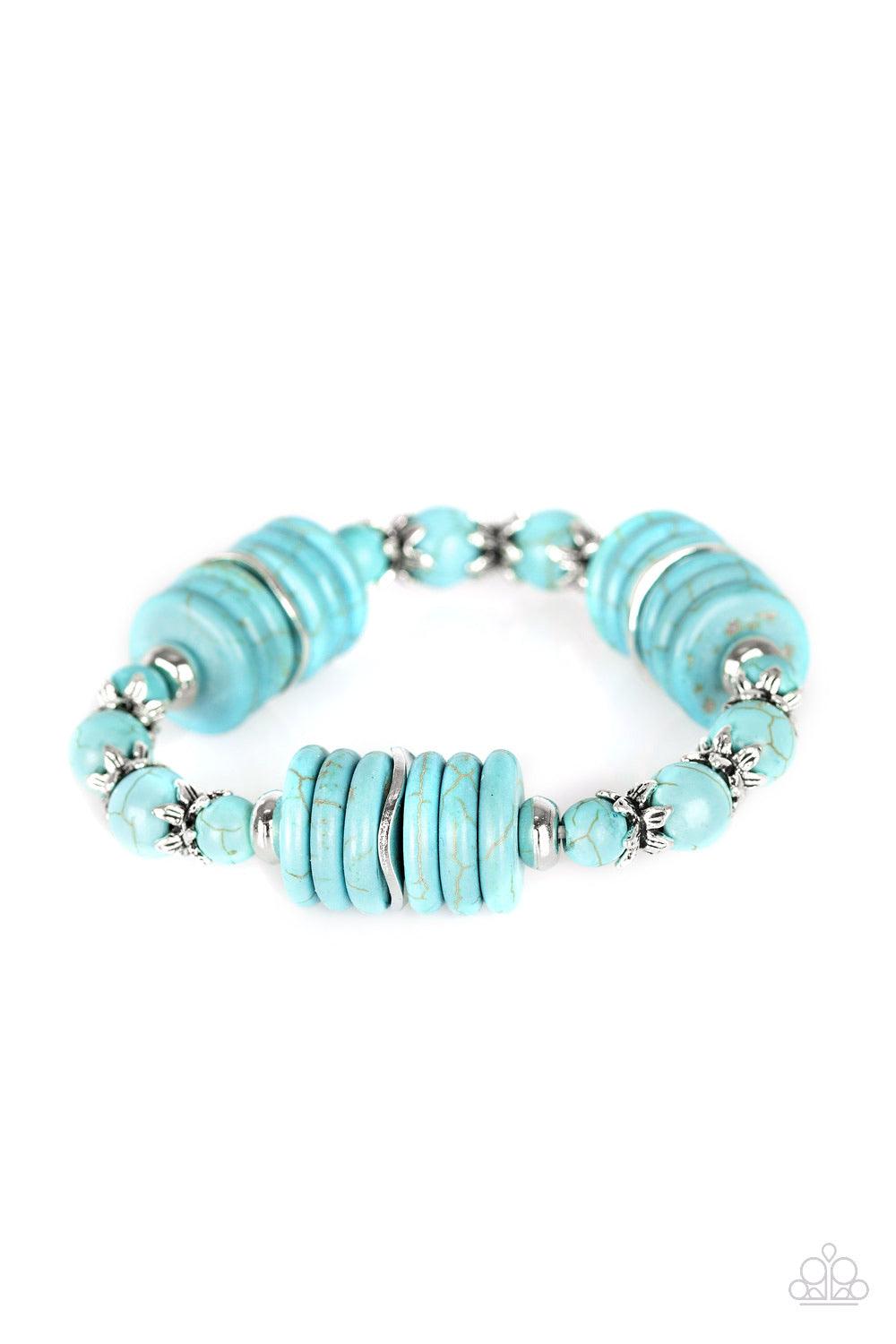 Paparazzi Accessories Sagebrush Serenade - Blue Featuring glistening silver accents, refreshing disc-shaped and round turquoise stone beads are threaded along a stretchy band for a seasonal look. Jewelry