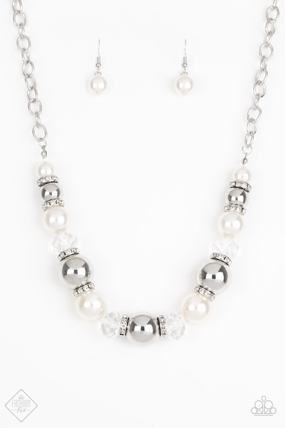 Paparazzi Accessories The Camera Never Lies - White Oversized silver, crystal-like, and pearly white beads are threaded along an invisible wire below the collar for a glamorous look. White rhinestone encrusted rings are sprinkled between the dramatic bead