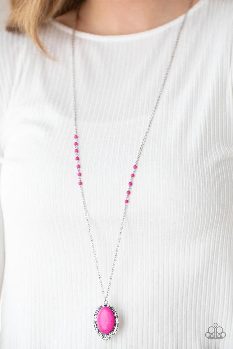 Paparazzi Accessories Plateau Paradise - Pink A dramatically oversized pink pearl gives way to two mismatched strands of classic pink pearls that graduate in size and imperfect finishes, adding a timeless twist to the classic pearl palette. Features an ad