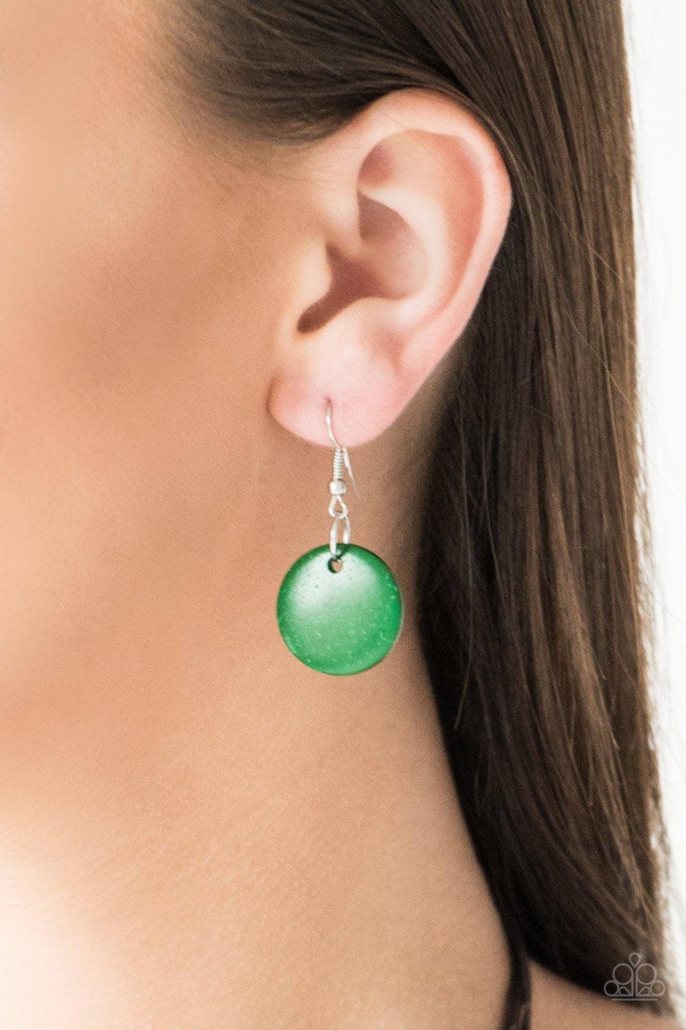 Paparazzi Accessories Wonderfully Walla - Green Shiny brown cording knots around mismatched green wooden beads, creating vivacious layers. Features a button loop closure. Sold as one individual necklace. Includes one pair of matching earrings. Jewelry