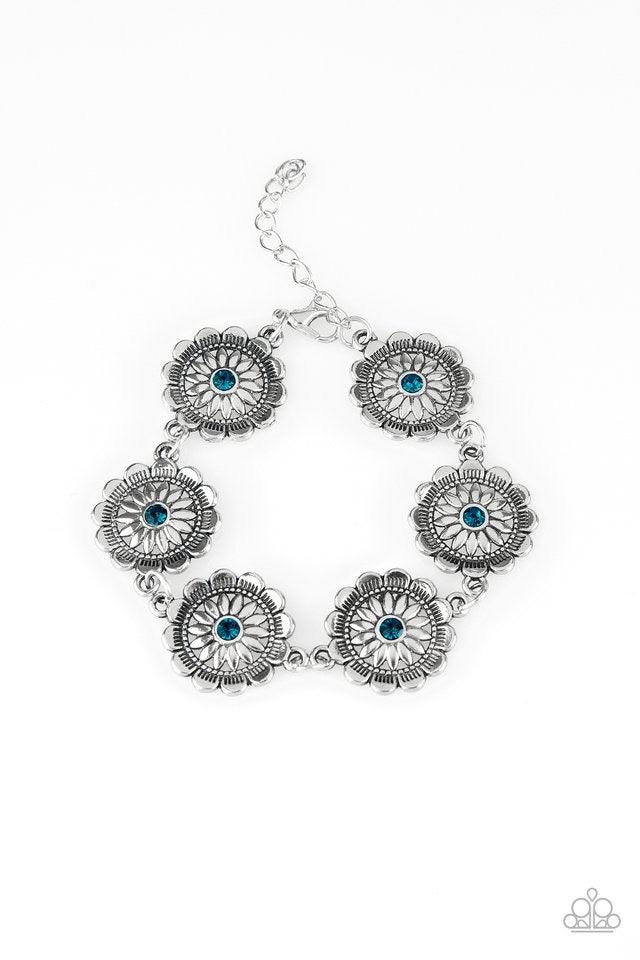 Paparazzi Accessories Funky Flower Child - Blue Dotted with blue rhinestone centers, ornate silver floral frames link across the wrist for a seasonal look. Features an adjustable clasp closure. Sold as one individual bracelet. Jewelry