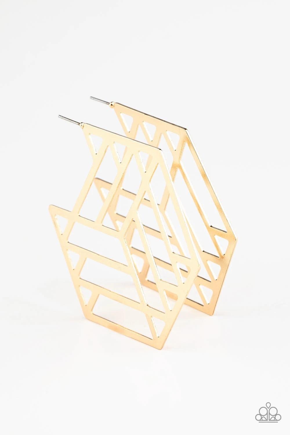 Paparazzi Accessories Gotta Get GEO-ing - Gold Flat gold bars connect into an edgy hexagonal frame, creating a chic geometric hoop. Earring attaches to a standard post fitting. Hoop measures approximately 2 3/4" in diameter.Sold as one pair of hoop earrin