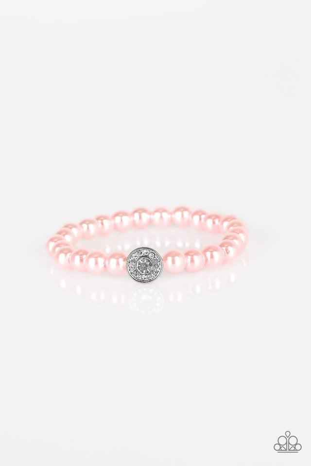 Paparazzi Accessories Follow My Lead - Pink Pink pearls and a white rhinestone encrusted silver charm are threaded along a stretchy band, creating a glamorous centerpiece atop the wrist. Sold as one individual bracelet. Jewelry