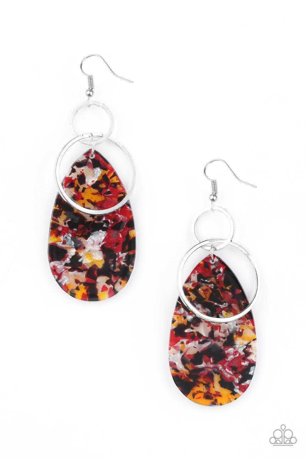Paparazzi Accessories Two Tickets to Paradise - Red Featuring an iridescent faux marble finish, a teardrop acrylic frame joins a shiny silver hoop at the bottom of a dainty silver ring, creating a colorful lure. Earring attaches to a standard fishhook fit