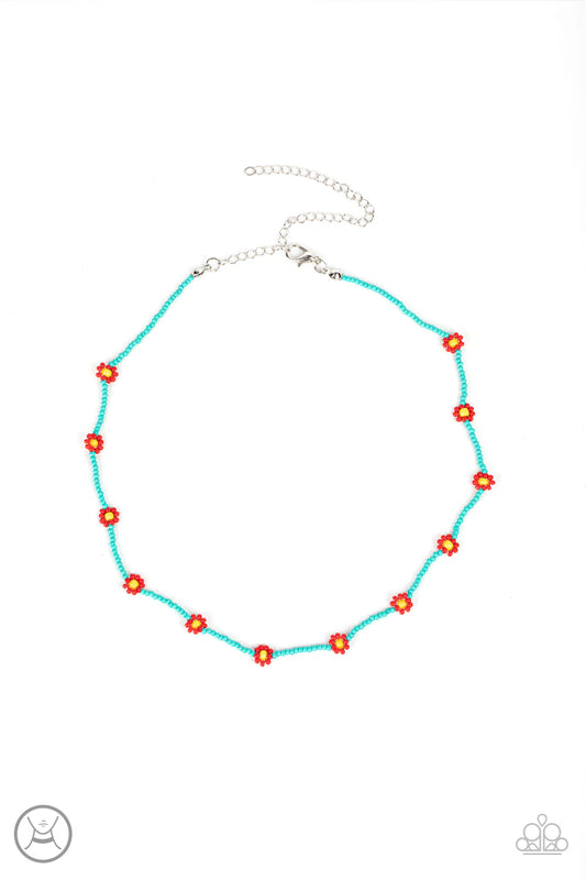 Paparazzi Accessories Colorfully Flower Child - Blue A dainty strand of turquoise seed beads is dotted with red and yellow beaded floral frames, creating a flirtatious floral look around the neck. Features an adjustable clasp closure. Sold as one individu