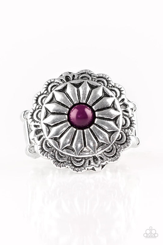 Paparazzi Accessories Daringly Daisy - Purple A shiny purple bead is pressed into a glistening silver frame radiating into a floral detail for a seasonal look. Features a stretchy band for a flexible fit. Jewelry
