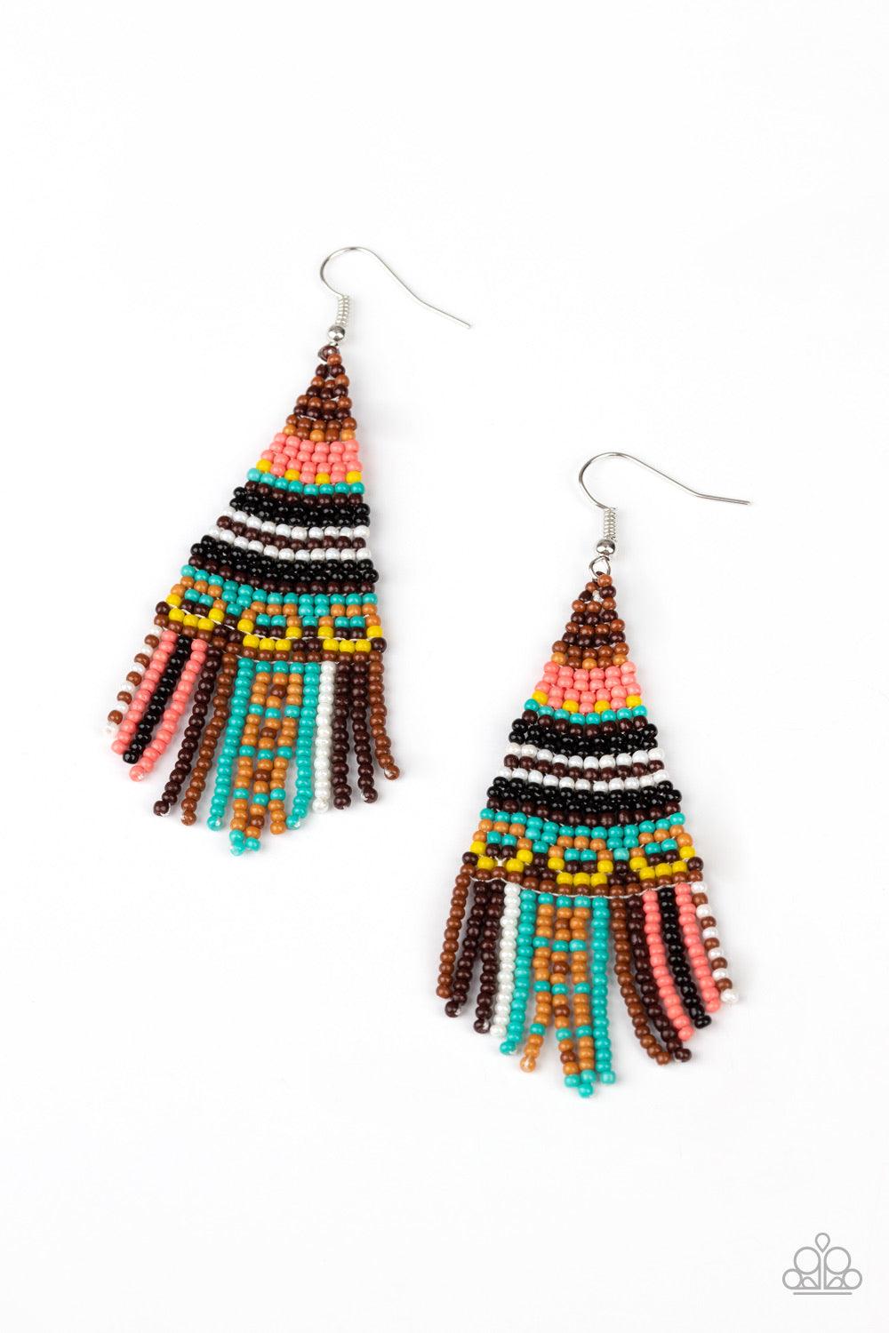 Paparazzi Accessories Beaded Bohemian - Brown A dainty collection of brown, pink, yellow, blue, black, and white seed beads cascade from the ear in a vivaciously beaded fringe. Earring attaches to a standard fishhook fitting. Jewelry
