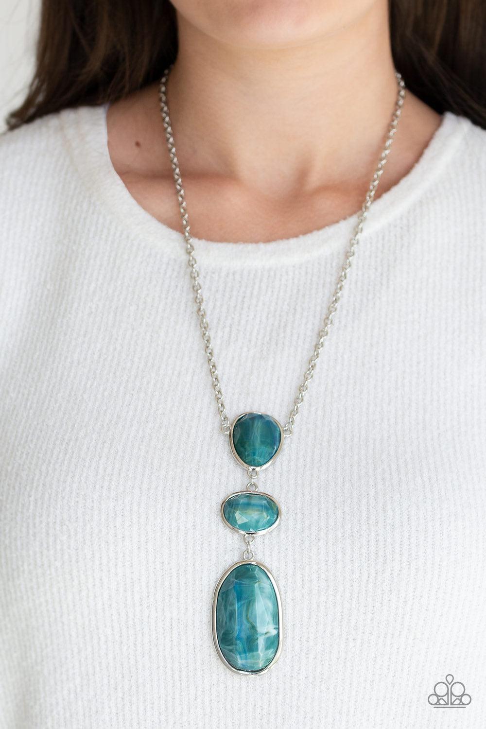 Paparazzi Accessories Making An Impact ~Multi Featuring a colorful marble-like finish, three mismatched Bluestone acrylic frames link down the chest for a dramatic effect. Features an adjustable clasp closure. Color may vary.