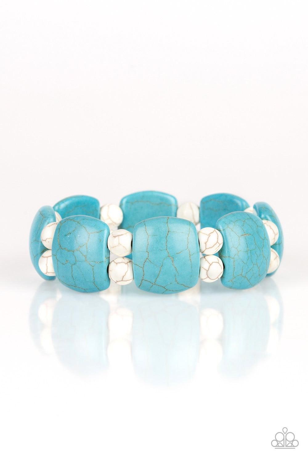 Paparazzi Accessories Don’t Be So NOMADIC - Blue A collection of round white stone beads and square-like turquoise stones are threaded along stretchy bands around the wrist for a seasonal look. Jewelry