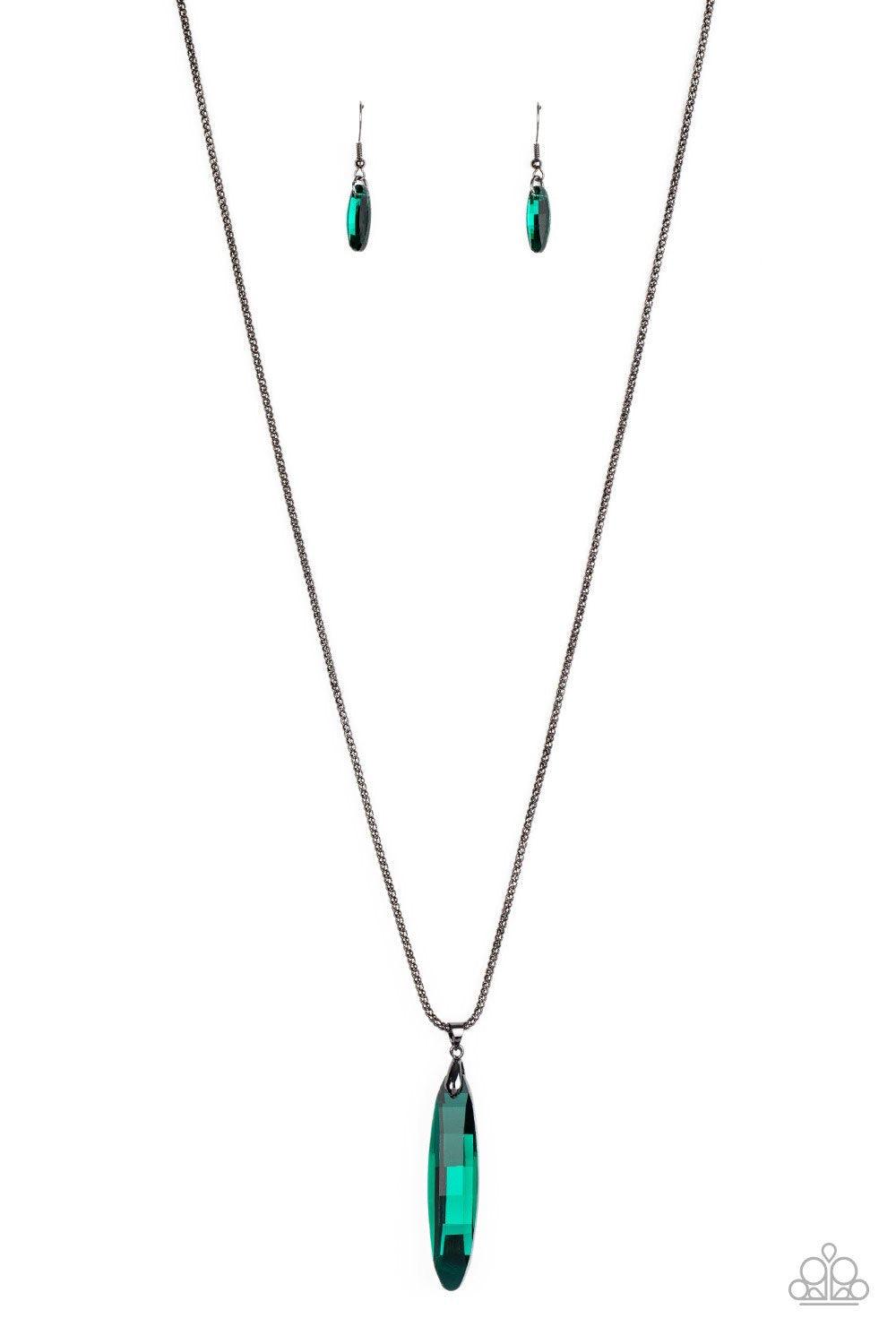 Paparazzi Accessories Meteor Shower - Green Featuring a metallic back, a glittery green swings from the bottom of a lengthened gunmetal popcorn chain for an edgy look. Features an adjustable clasp closure. Sold as one individual necklace. Includes one pai