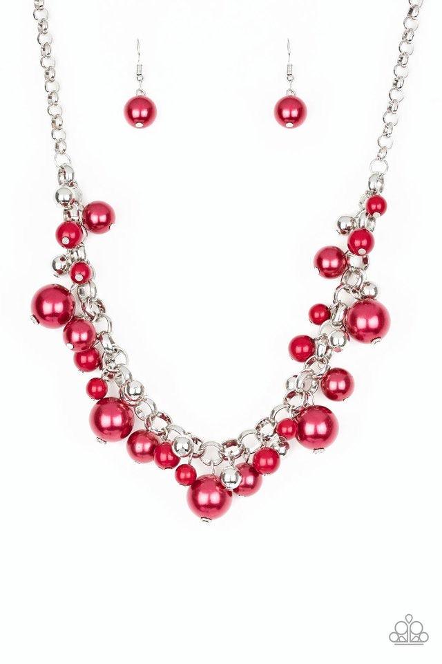 Paparazzi Accessories The Upstater - Red Varying in size, bubbly red pearls, classic silver beads, and shiny red beads swing from the bottom of a glistening silver chain, creating a refined fringe below the collar. Features an adjustable clasp closure. So
