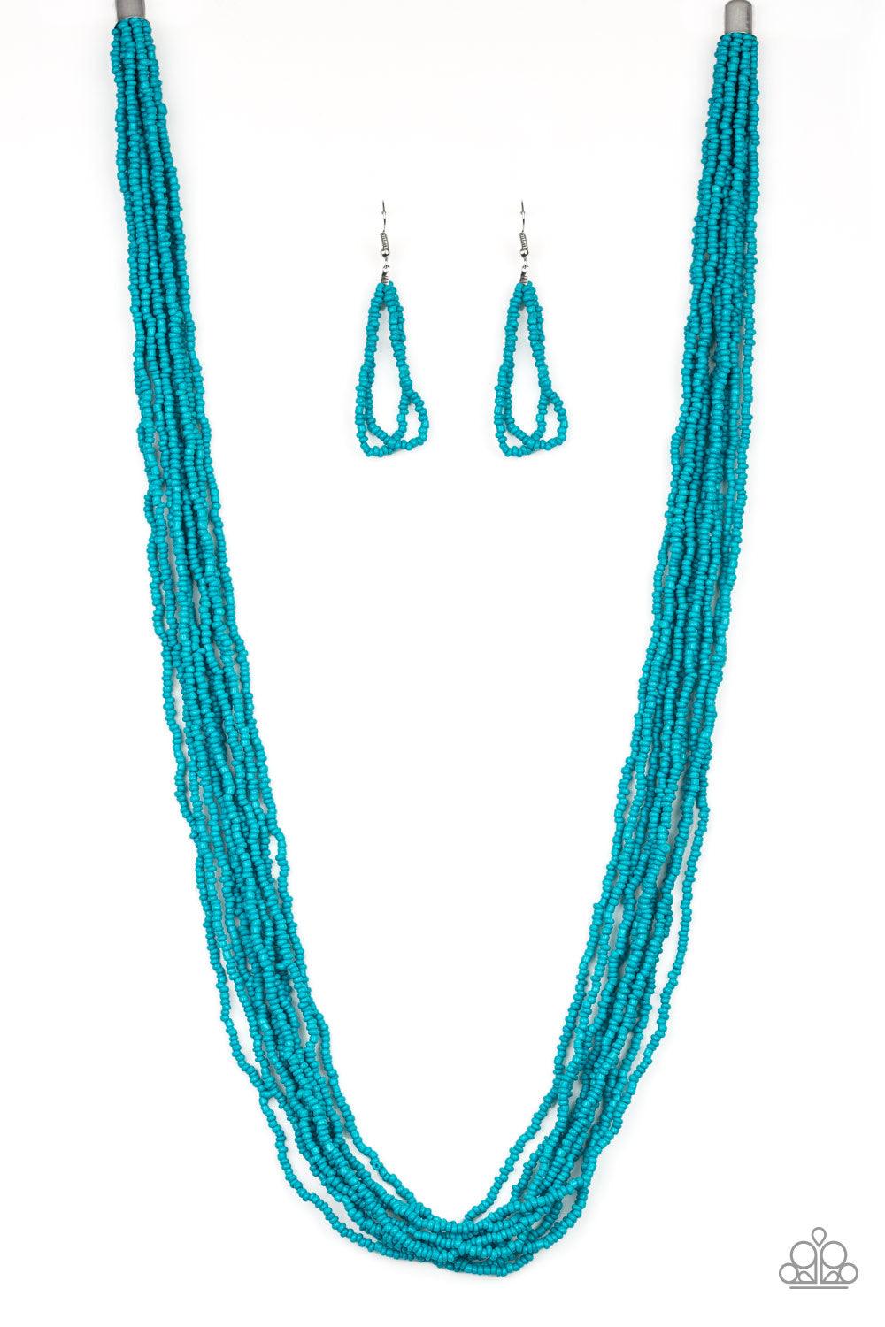 Paparazzi Accessories Congo Colada - Blue Suspended between two silver fittings, strands of countless turquoise seed beads layer across the chest for a vivacious look. Features an adjustable clasp closure. Jewelry