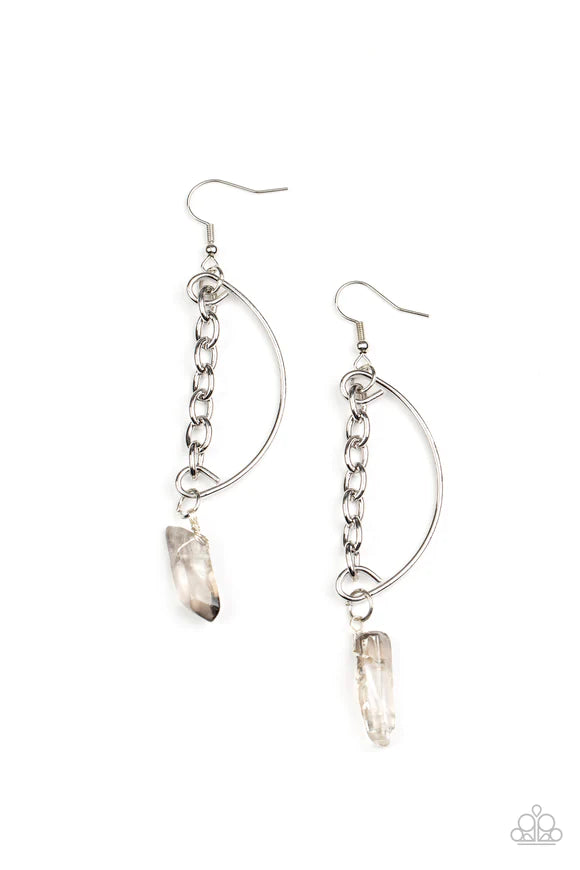 Paparazzi Accessories Yin To My Yang - Silver Featuring a smoky finish, a glassy crystal-like bead swings from the bottom of a solitaire silver chain that attaches to a bowing silver bar for an edgy look. Earring attaches to a standard fishhook fitting. A