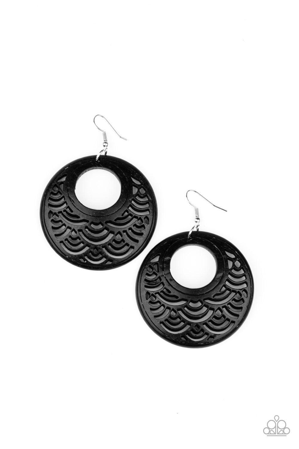 Paparazzi Accessories Tropical Canopy ~Black Brushed in a distressed black finish, a round wooden frame is stenciled into an airy pattern for a seasonal look. Earring attaches to a standard fishhook fitting. Sold as one pair of earrings. Hostess Reward