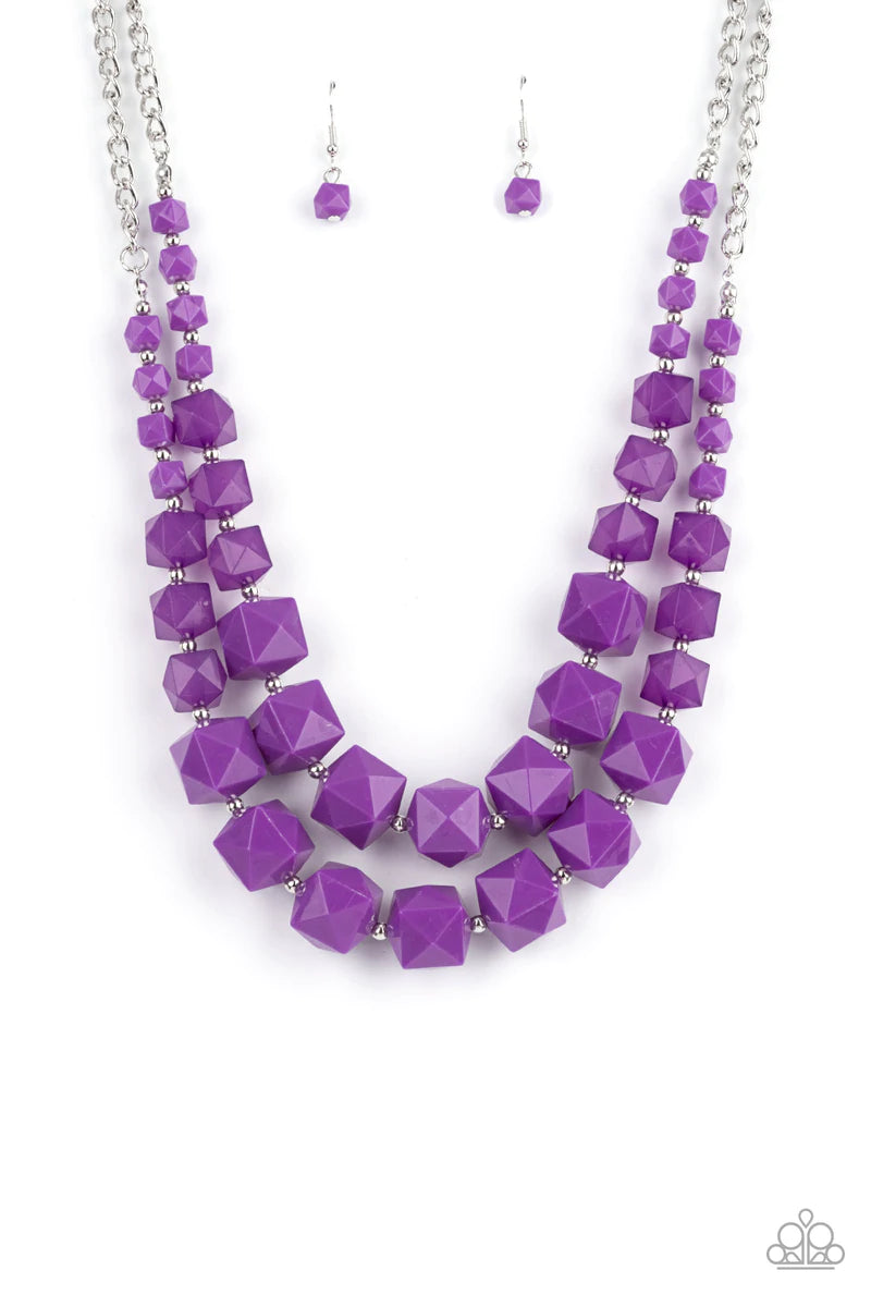Paparazzi Accessories Summer Excursion - Purple A faceted collection of translucent and solid Amethyst Orchid cube beads gradually increase in size as they alternate with dainty silver beads below the collar. Infused with sections of classic silver chains