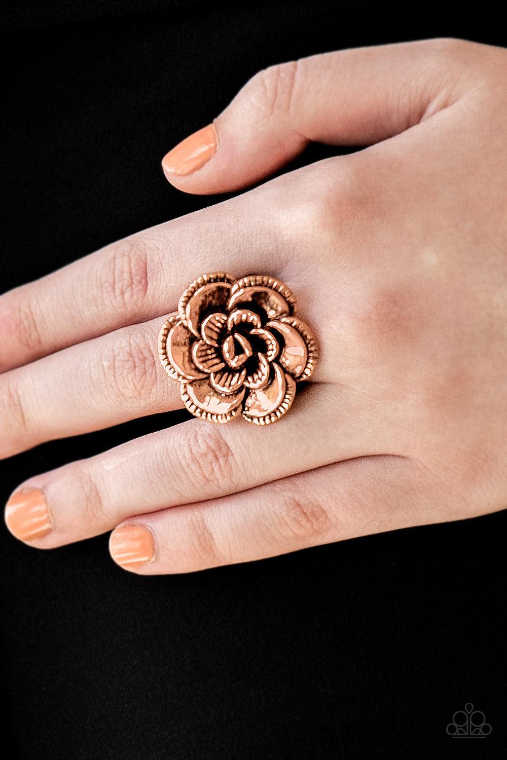 Paparazzi Accessories FLOWERBED and Breakfast - Copper Rippling in ornate detail, folds of copper petals bloom atop the finger for a seasonal look. Features a stretchy band for a flexible fit. Sold as one individual ring. Jewelry