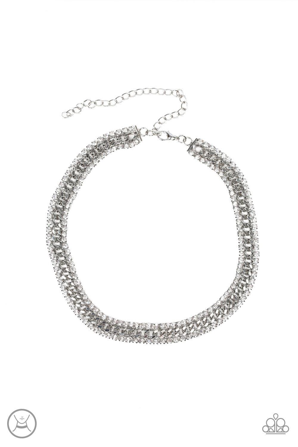 Paparazzi Accessories Empower-HER-ment - White Featuring sleek square fittings, strands of glittery white rhinestones flank a glistening silver chain, coalescing into a regal look around the neck. Features an adjustable clasp closure. Jewelry