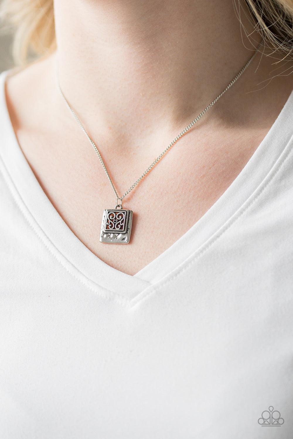 Paparazzi Accessories Back to Square One - Silver A filigree filled silver frame is pressed into a larger hammered frame, creating a dainty pendant below the collar. Features an adjustable clasp closure. Sold as one individual necklace. Includes one pair