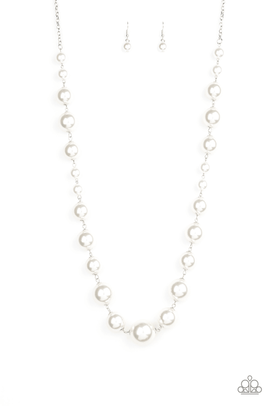 Paparazzi Accessories Pearl Prodigy - White Infused with dainty white pearls, a bubbly collection of over sized pearls link across the chest for a timeless finish. Features an adjustable clasp closure. Jewelry