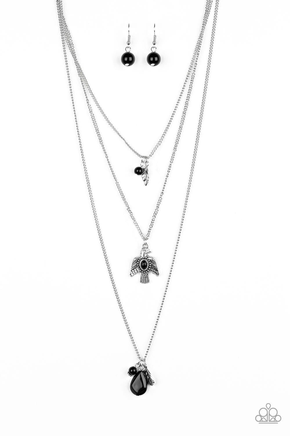 Paparazzi Accessories Soar With The Eagles - Black Infused with mismatched black beading, a shimmery silver feather charm and decorative eagle pendant layer down the chest for a colorful Southwestern inspired look. Features an adjustable clasp closure. So