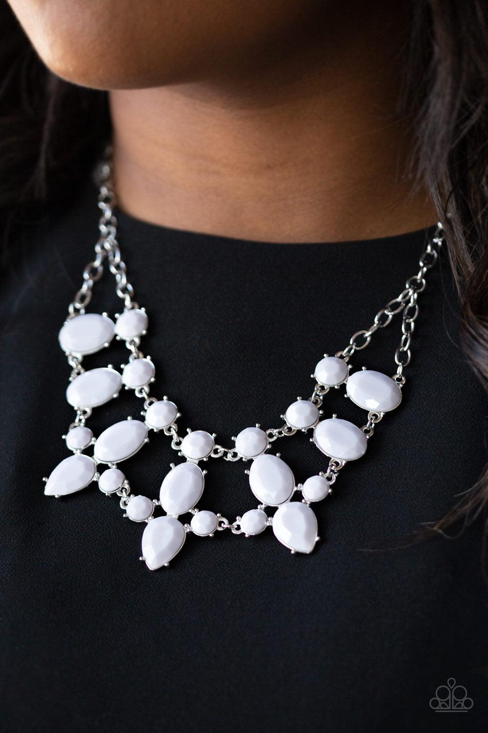 Paparazzi Accessories Goddess Glow - Silver A collision of round, oval, and teardrop gray beaded frames delicately connect below the collar for a glamorous look. Features an adjustable clasp closure. Jewelry