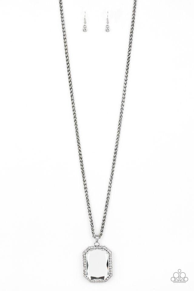 Paparazzi Accessories Let Your HEIR Down - White Bordered in dainty white rhinestones, an oversized faceted white emerald style gem swings from the bottom of an antiqued silver wheat chain for a blinding look. Features an adjustable clasp closure. Jewelry